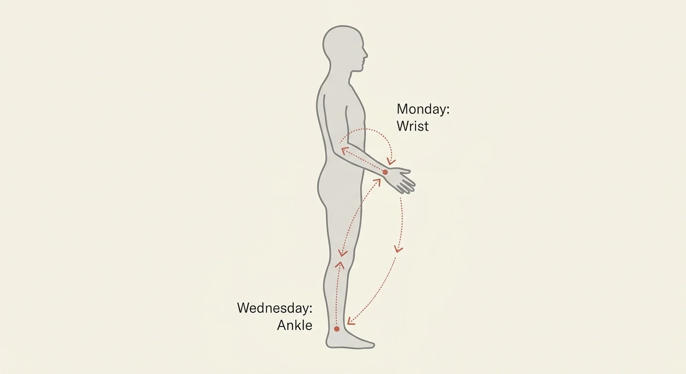 A minimalist diagram of a human profile showing dotted lines connecting the wrist and ankle to represent migrating joint pain.