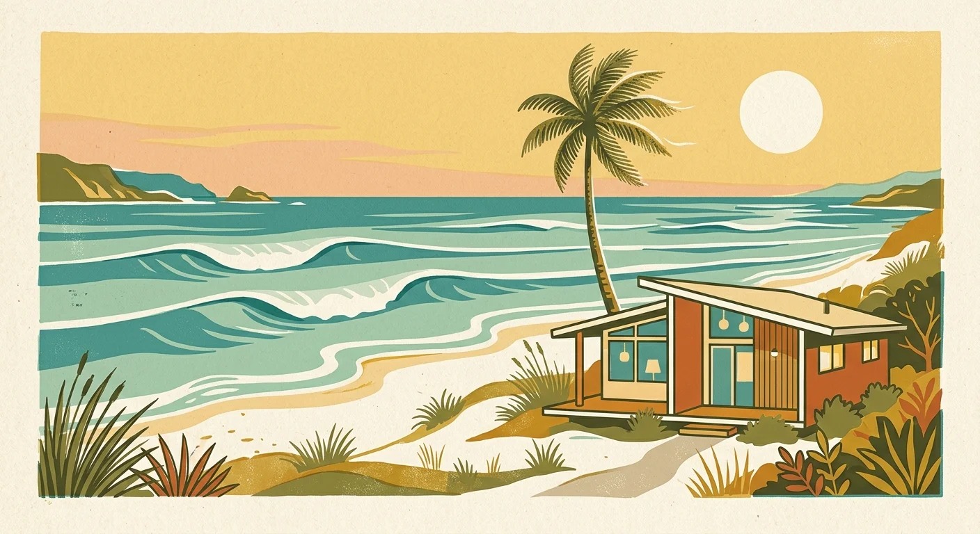 A minimalist screenprint illustration of a coastal California bungalow next to a palm tree with gentle ocean waves.