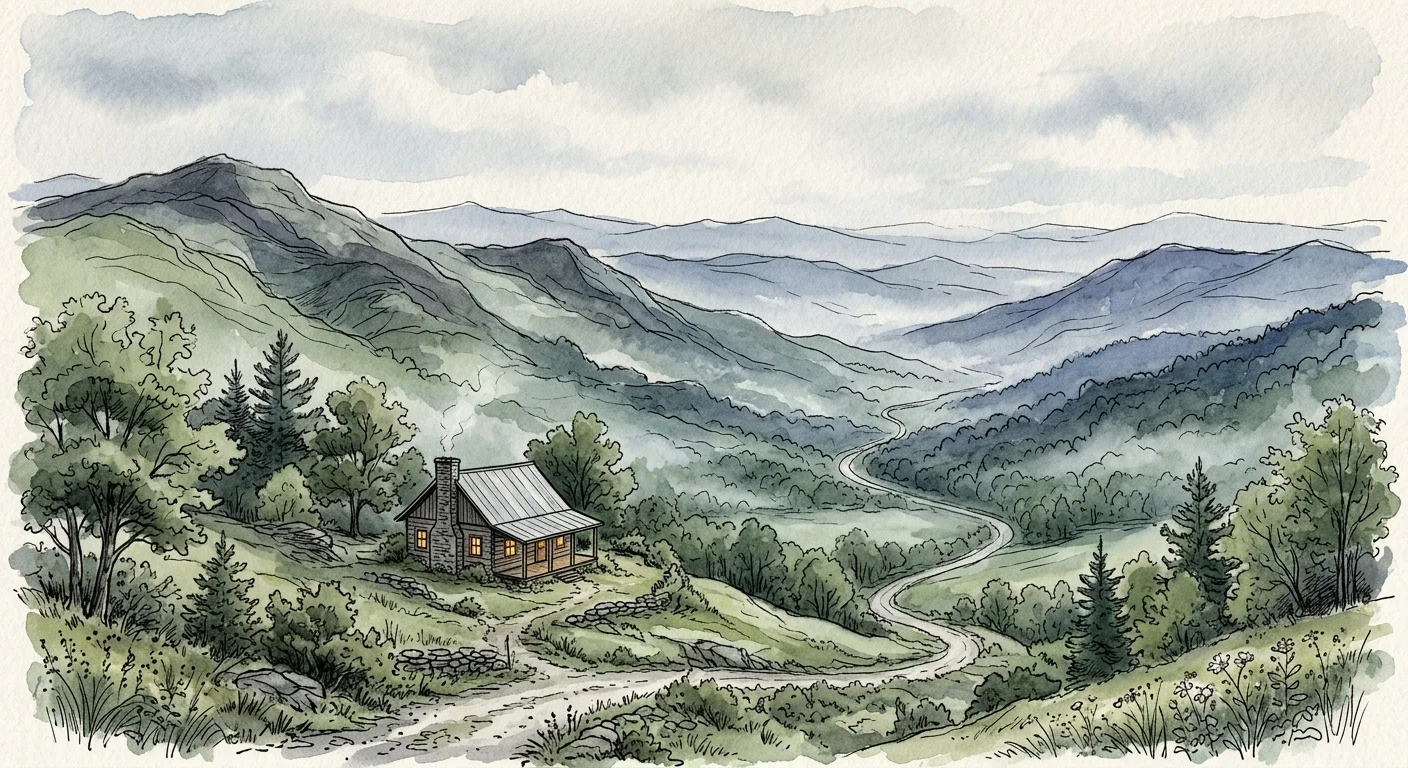 A misty watercolor illustration of the Appalachian Mountains in West Virginia, with a small cottage overlooking a deep blue valley.