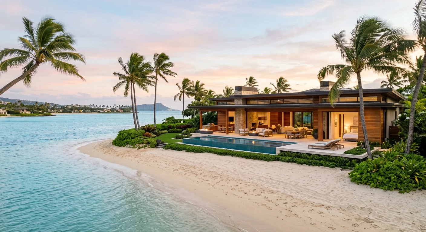 A modern beachfront estate in Kahala, Honolulu, with open-air architecture overlooking a turquoise lagoon.