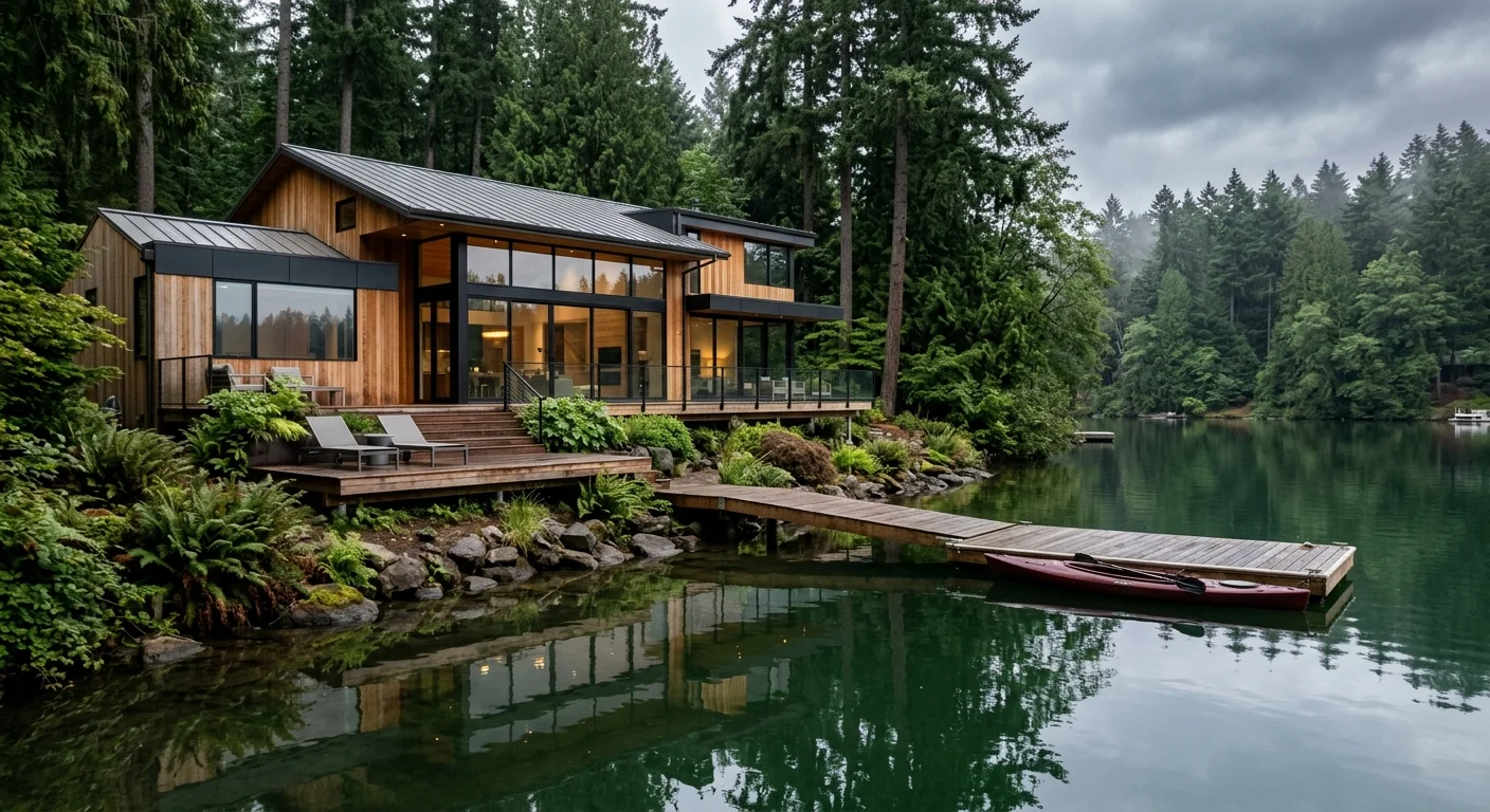 A modern cedar lake house in Lake Oswego, Oregon, with a private dock surrounded by towering Douglas firs.