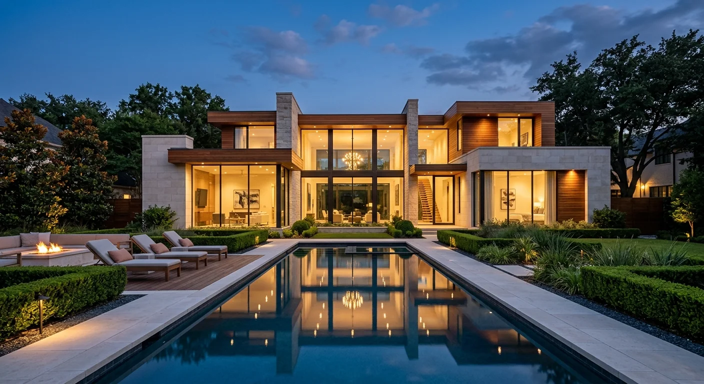 A modern limestone home in Highland Park, Dallas, with a lap pool reflecting warm interior lighting at dusk.