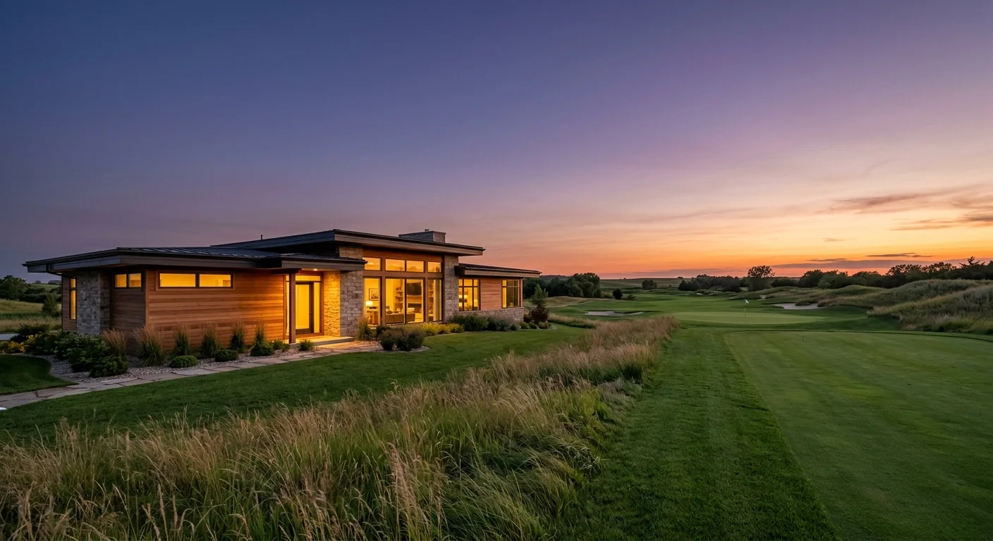 A modern prairie-style home in Dakota Dunes, South Dakota, next to a golf course green at twilight.