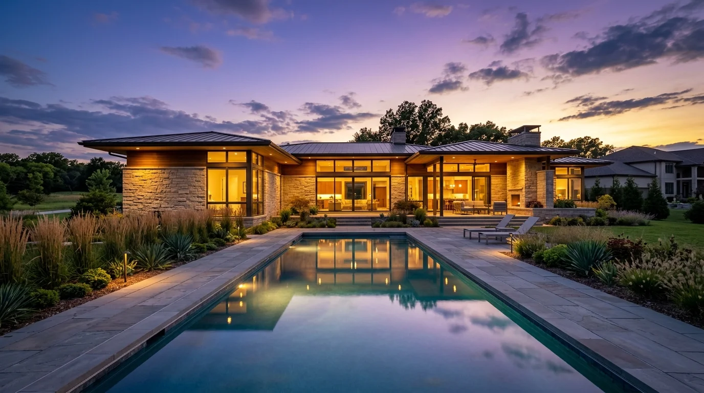 A modern prairie-style home in Elkhorn, Nebraska, with a lit pool reflecting a purple and gold twilight sky.
