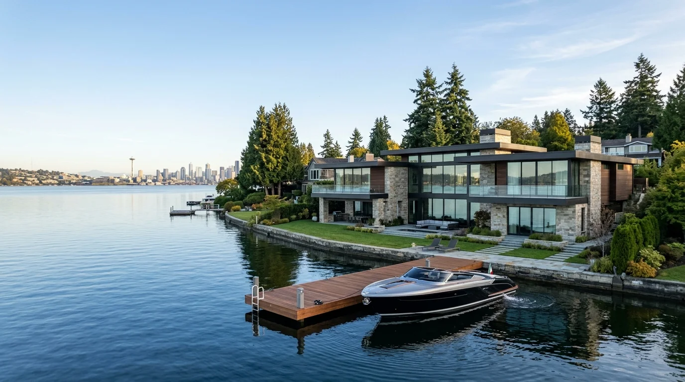 A modern waterfront home in Medina, Washington, with a private dock on Lake Washington and the Seattle skyline in the distance.