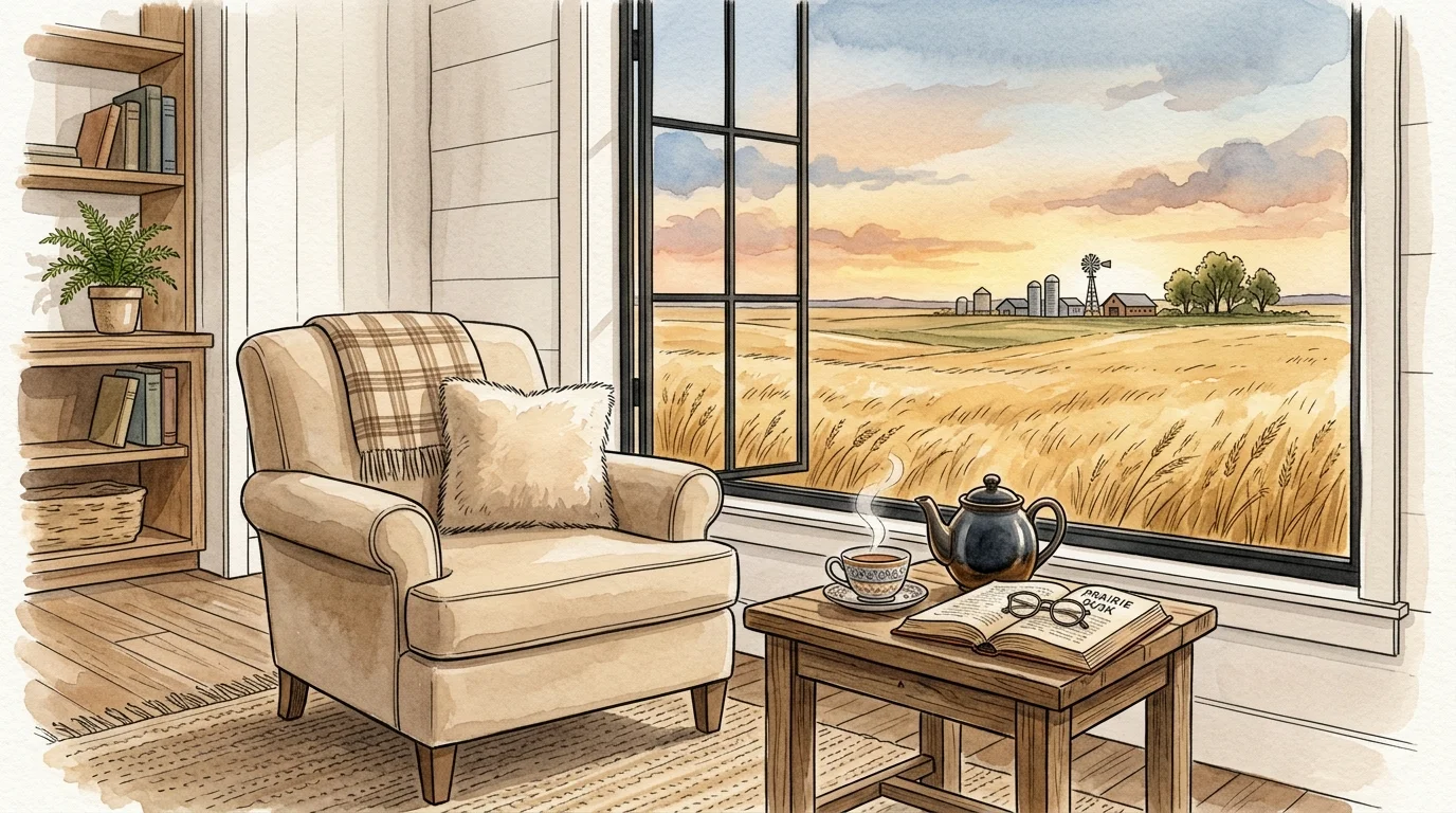 A peaceful watercolor illustration of a cozy farmhouse interior looking out over golden Kansas fields.