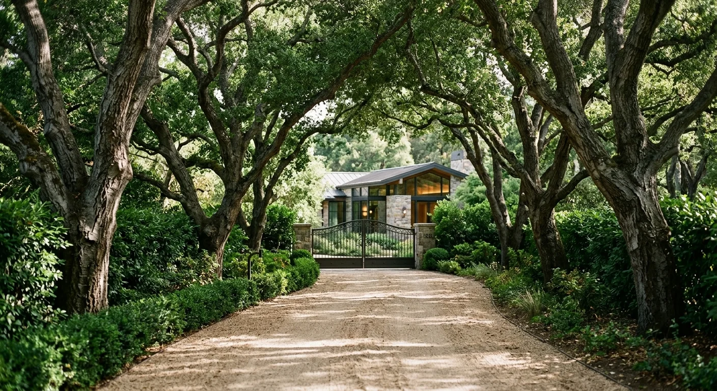 A private gravel driveway in Atherton, California, lined with massive heritage oak trees casting dappled sunlight.