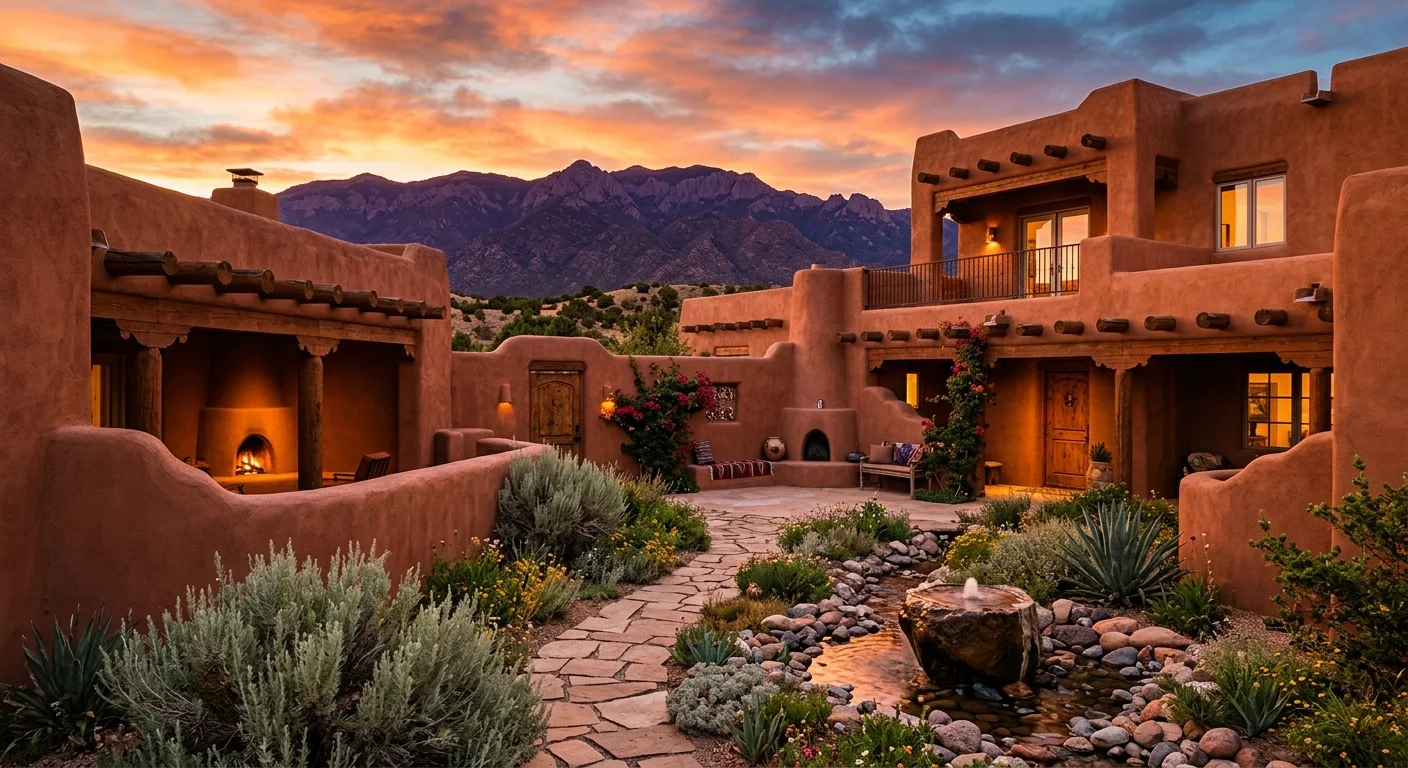 A Pueblo-revival adobe home in Santa Fe, New Mexico, with a native sagebrush courtyard at sunset.