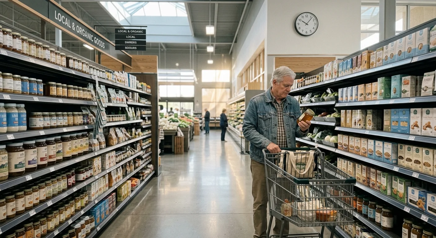 A quiet, uncrowded grocery store aisle mid-morning, with an older man peacefully browsing items under soft skylight.