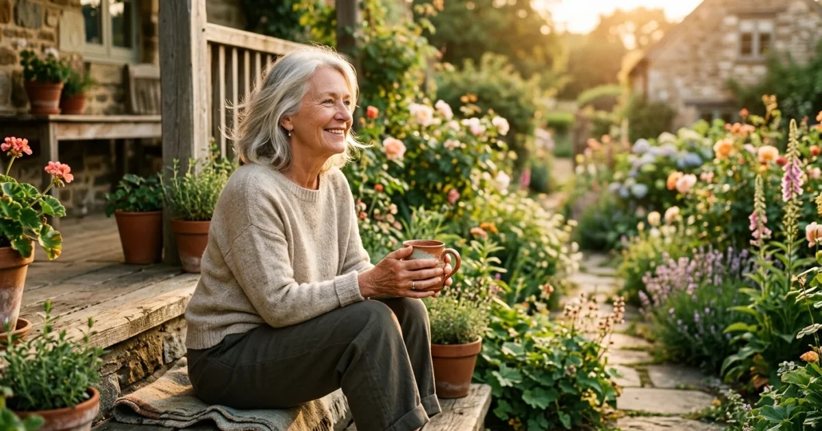 A relaxed woman in her 60s enjoys coffee on a sunny porch, representing peaceful retirement living.