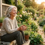 A relaxed woman in her 60s enjoys coffee on a sunny porch, representing peaceful retirement living.