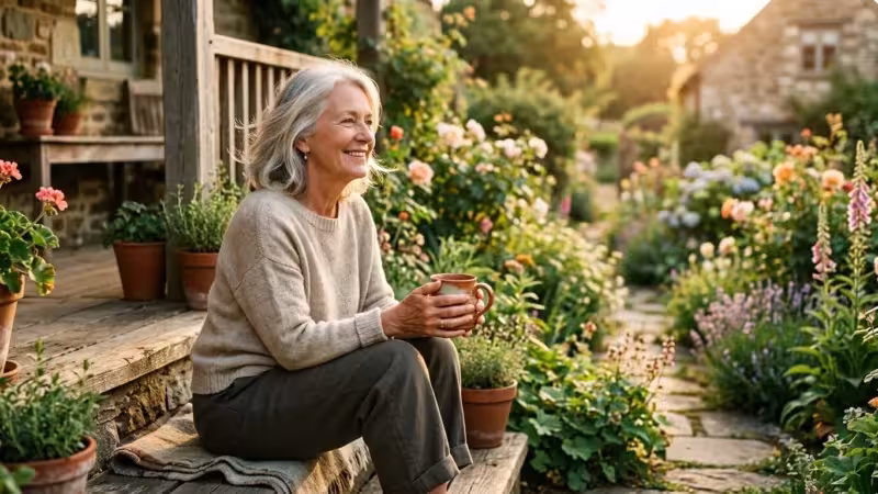 A relaxed woman in her 60s enjoys coffee on a sunny porch, representing peaceful retirement living.