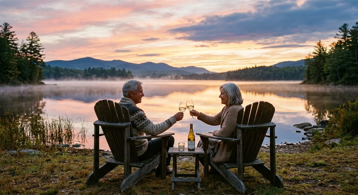 A retired couple relaxing in Adirondack chairs by a calm lake at sunset, raising a toast to their secure future.
