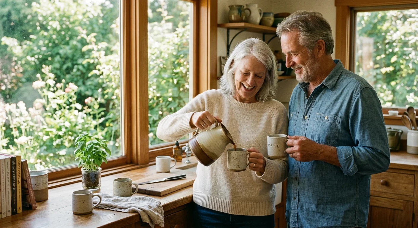 A retired couple shares a quiet, happy moment pouring coffee in their warm, sun-filled kitchen.
