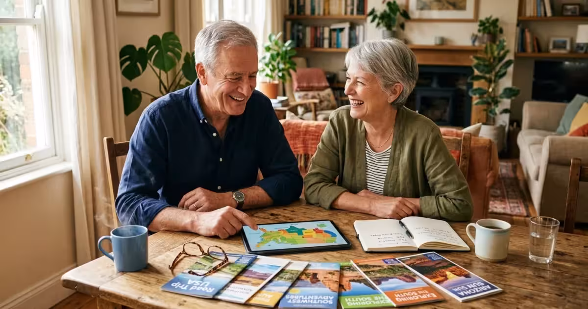 A retired couple sits at a wooden kitchen table in a sunlit room, smiling as they look over travel brochures and a map of the US.