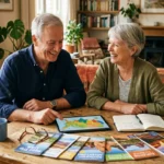 A retired couple sits at a wooden kitchen table in a sunlit room, smiling as they look over travel brochures and a map of the US.