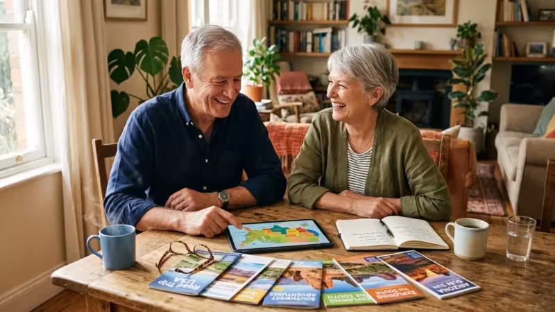 A retired couple sits at a wooden kitchen table in a sunlit room, smiling as they look over travel brochures and a map of the US.