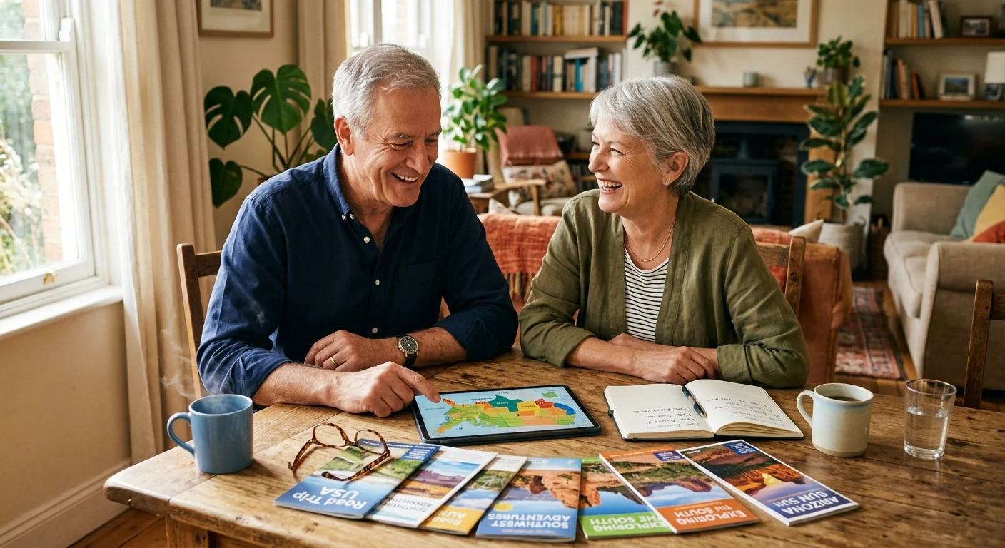 A retired couple sits at a wooden kitchen table in a sunlit room, smiling as they look over travel brochures and a map of the US.