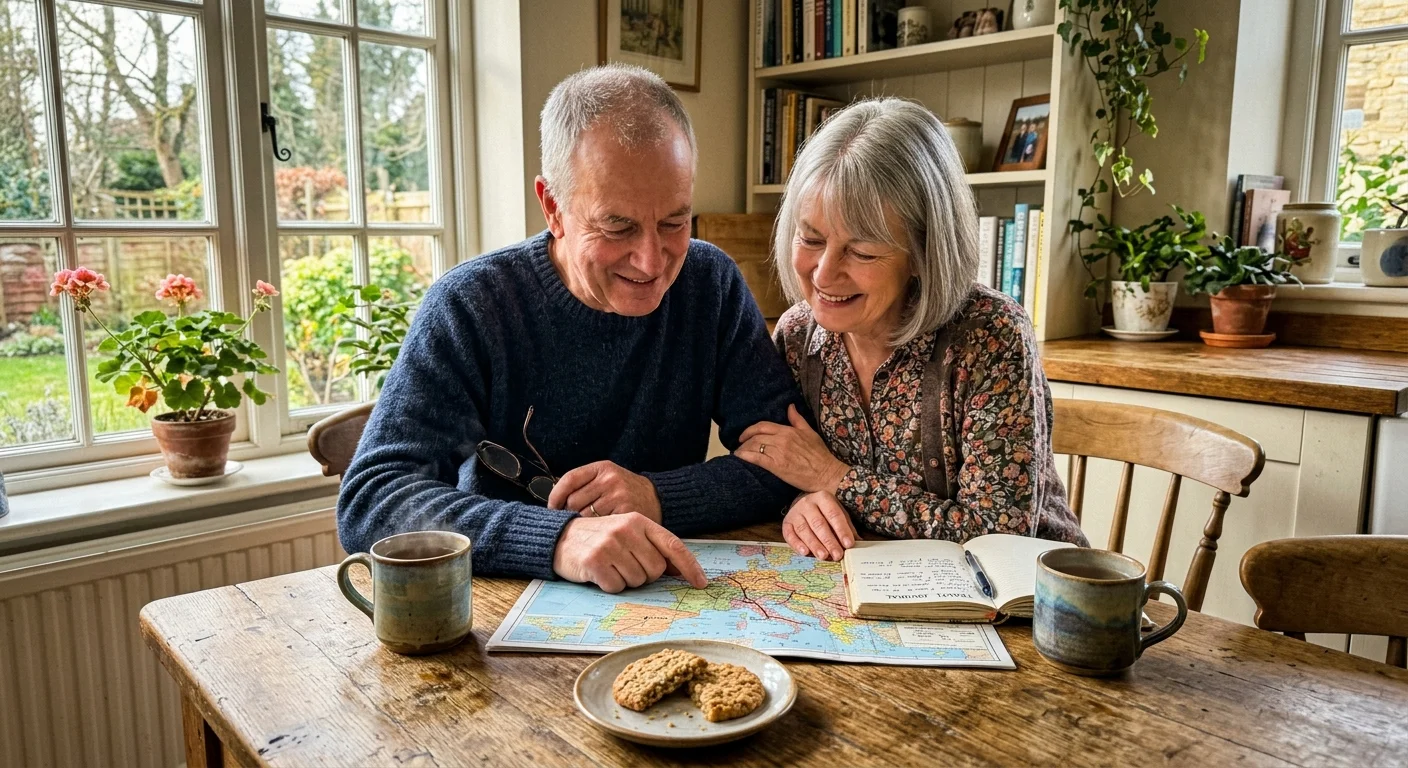 A retired couple sits at a wooden kitchen table planning a trip with maps and coffee mugs in warm morning light.