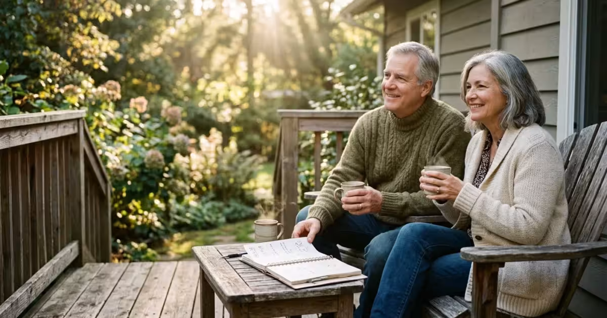 A retired couple sitting on their wooden porch in warm morning light, looking happy and financially secure.