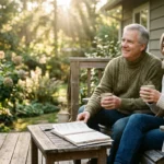 A retired couple sitting on their wooden porch in warm morning light, looking happy and financially secure.