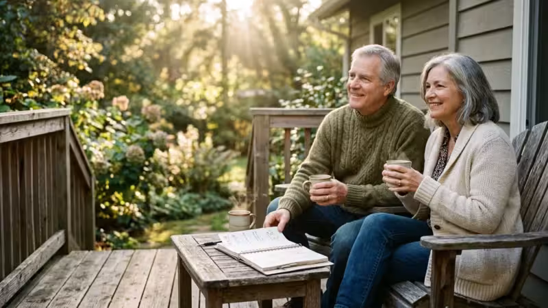 A retired couple sitting on their wooden porch in warm morning light, looking happy and financially secure.