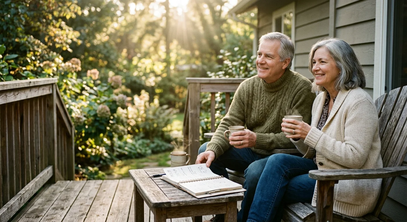 A retired couple sitting on their wooden porch in warm morning light, looking happy and financially secure.