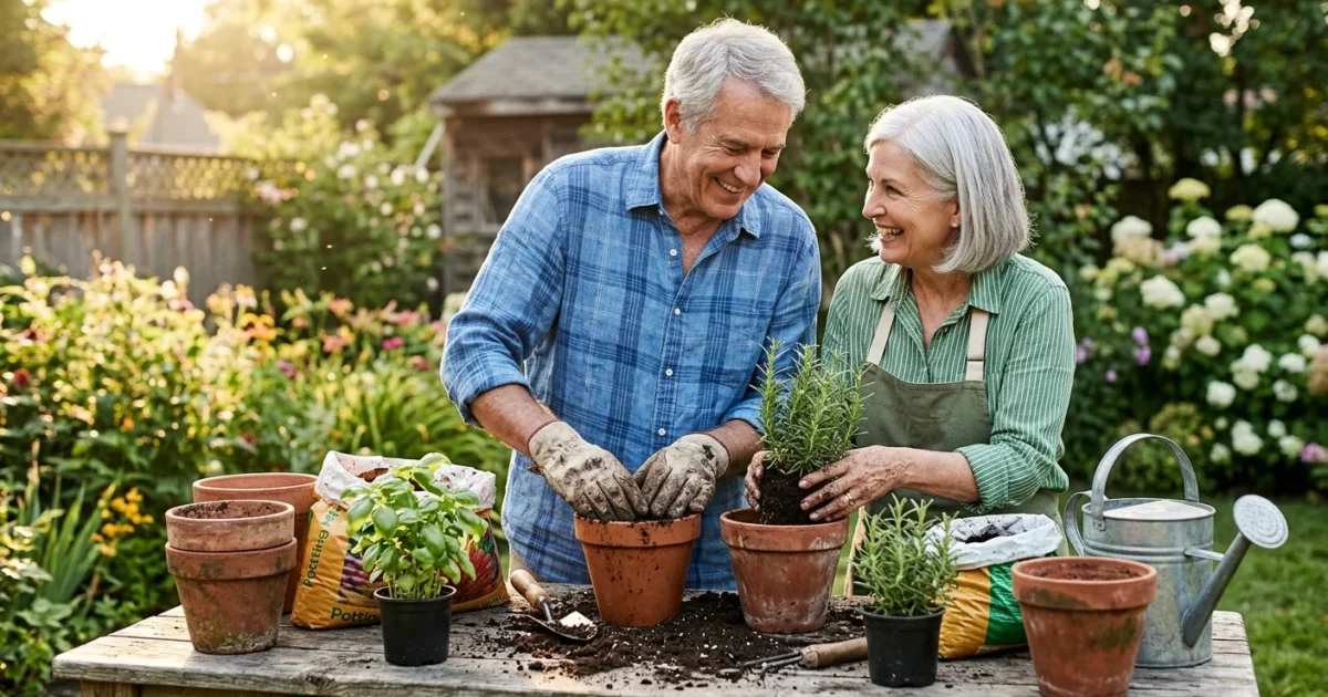 A retired couple smiling and planting green herbs in terracotta pots on a rustic wooden table in a sun-drenched backyard garden.