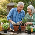 A retired couple smiling and planting green herbs in terracotta pots on a rustic wooden table in a sun-drenched backyard garden.