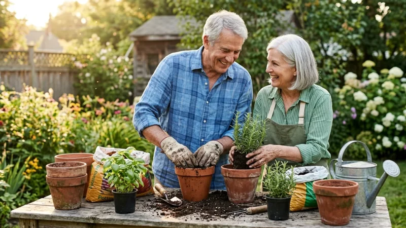 A retired couple smiling and planting green herbs in terracotta pots on a rustic wooden table in a sun-drenched backyard garden.