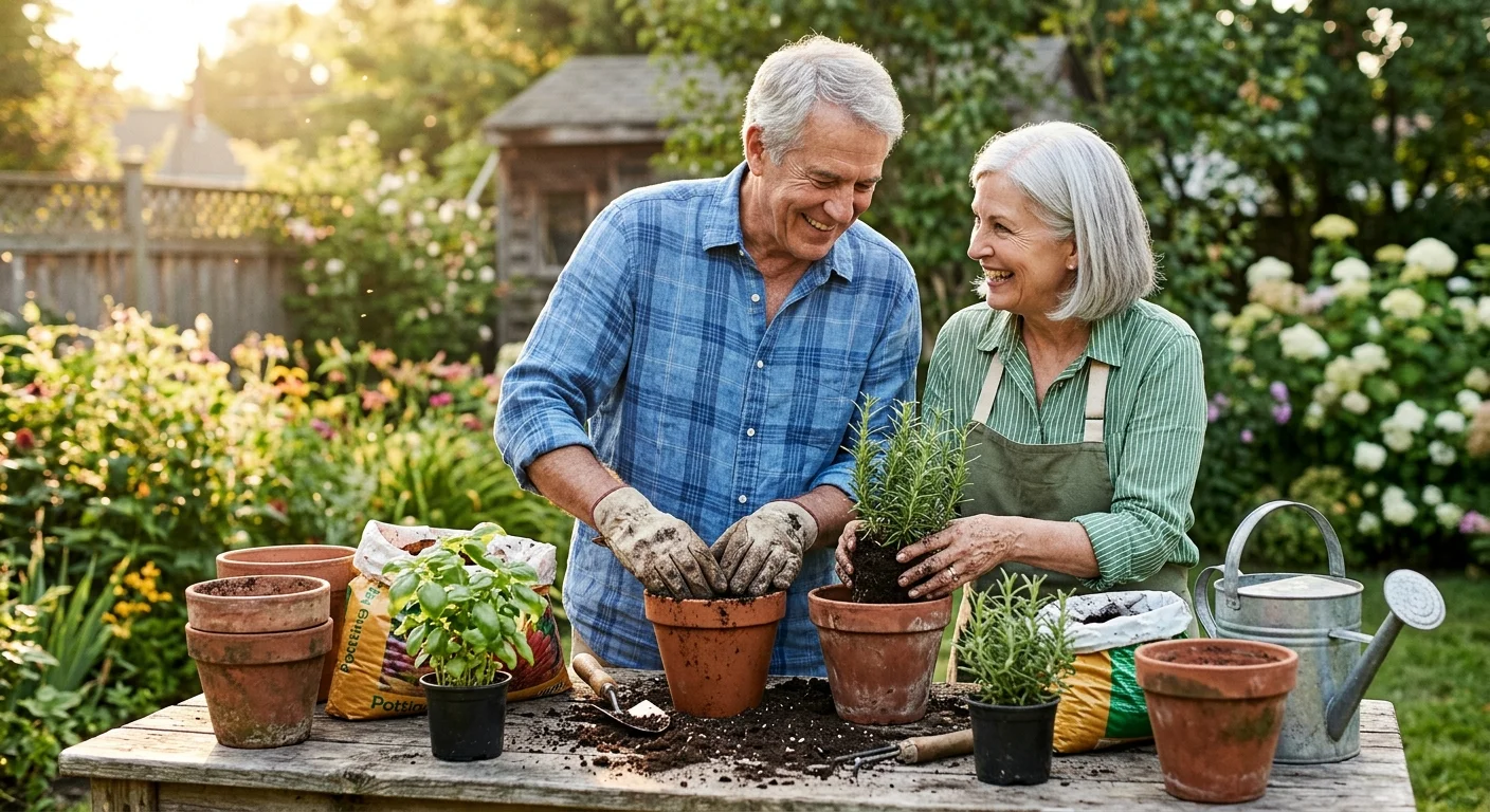 A retired couple smiling and planting green herbs in terracotta pots on a rustic wooden table in a sun-drenched backyard garden.