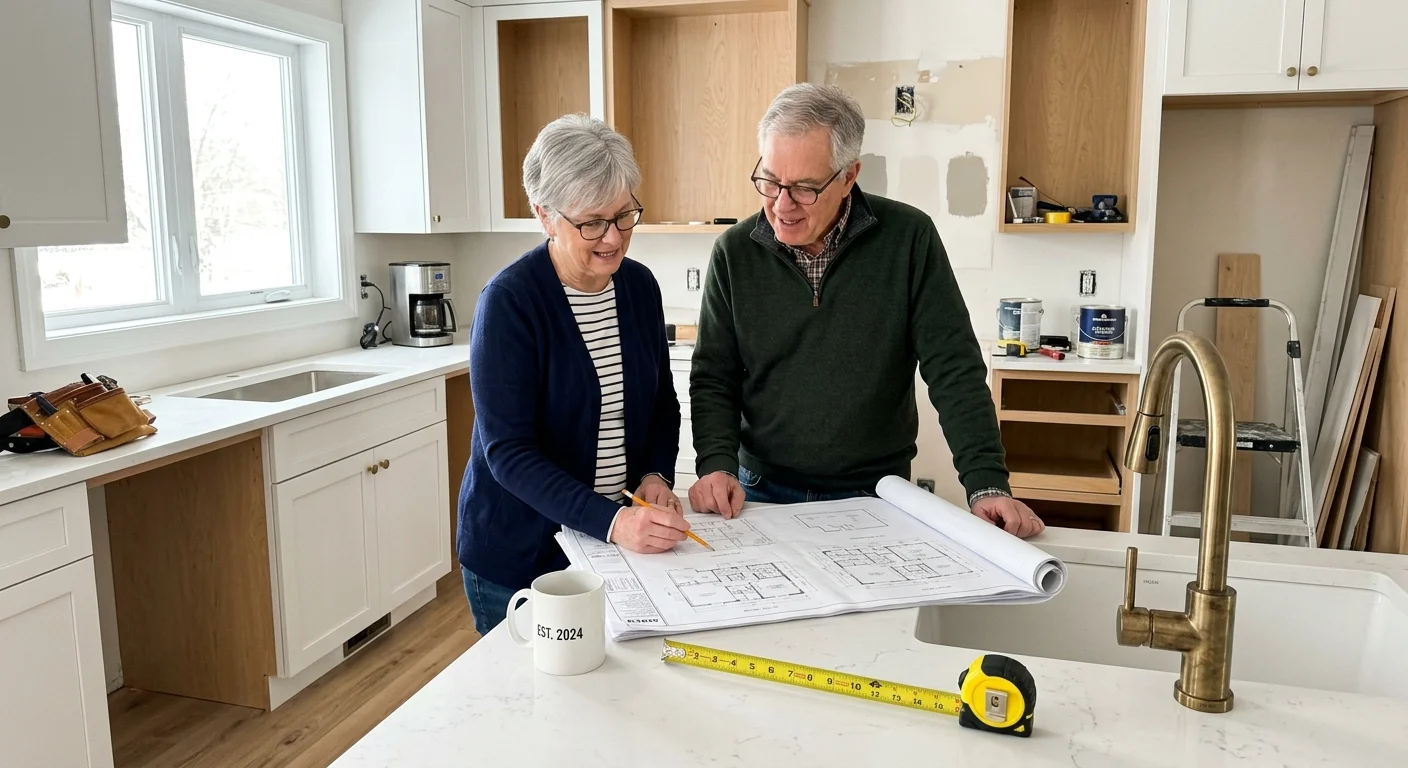 A retired couple standing in their kitchen reviewing renovation blueprints next to a tape measure and a ceramic mug.