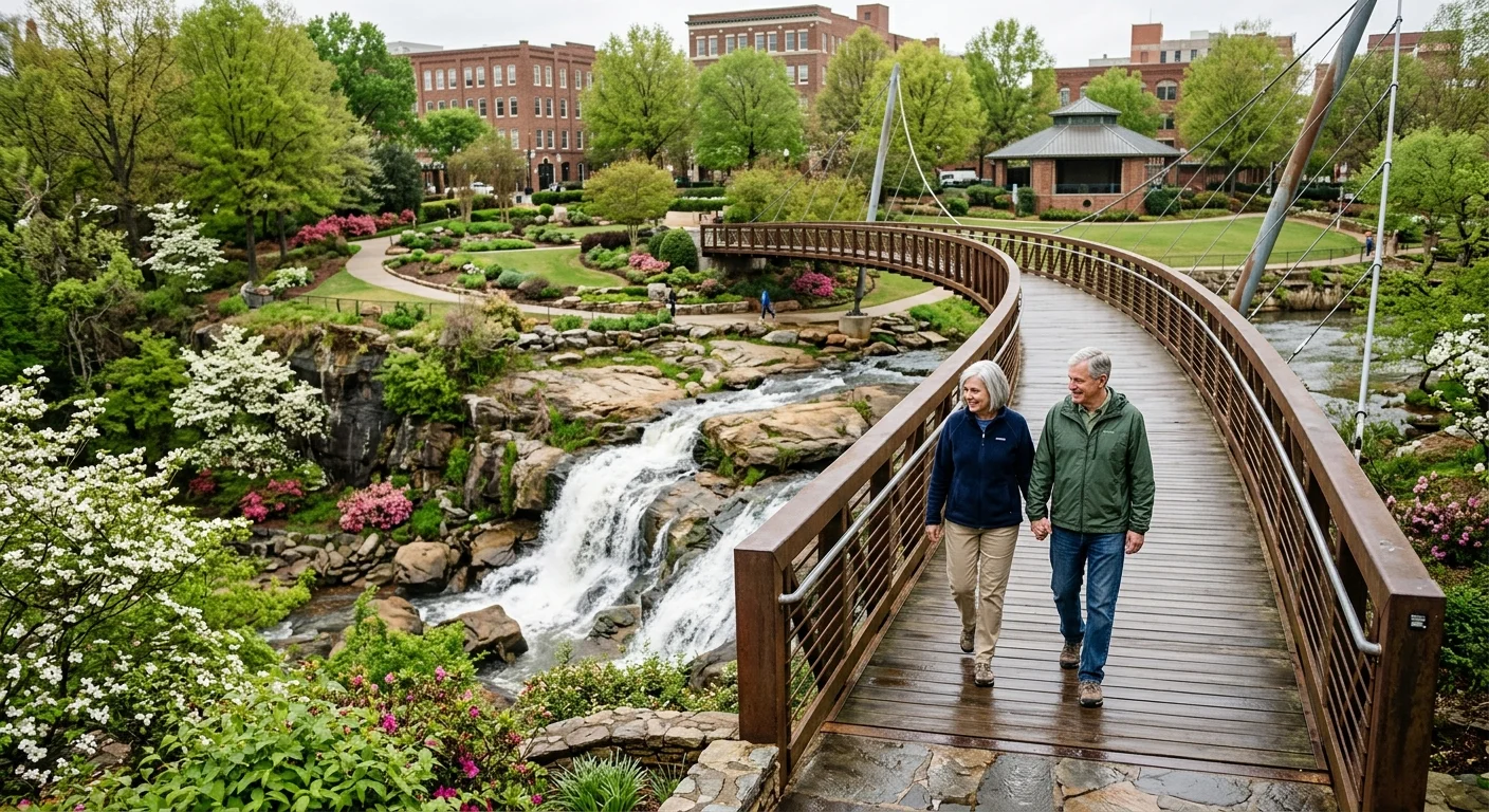 A retired couple walks across the Liberty Bridge in Falls Park on the Reedy, looking down at the waterfalls in Greenville, South Carolina.