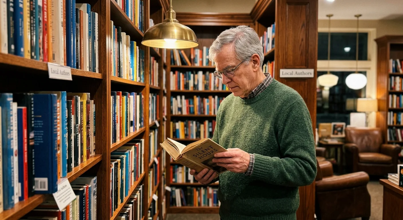 A retired man browses the shelves of a cozy, historic independent bookstore in Ann Arbor, Michigan.