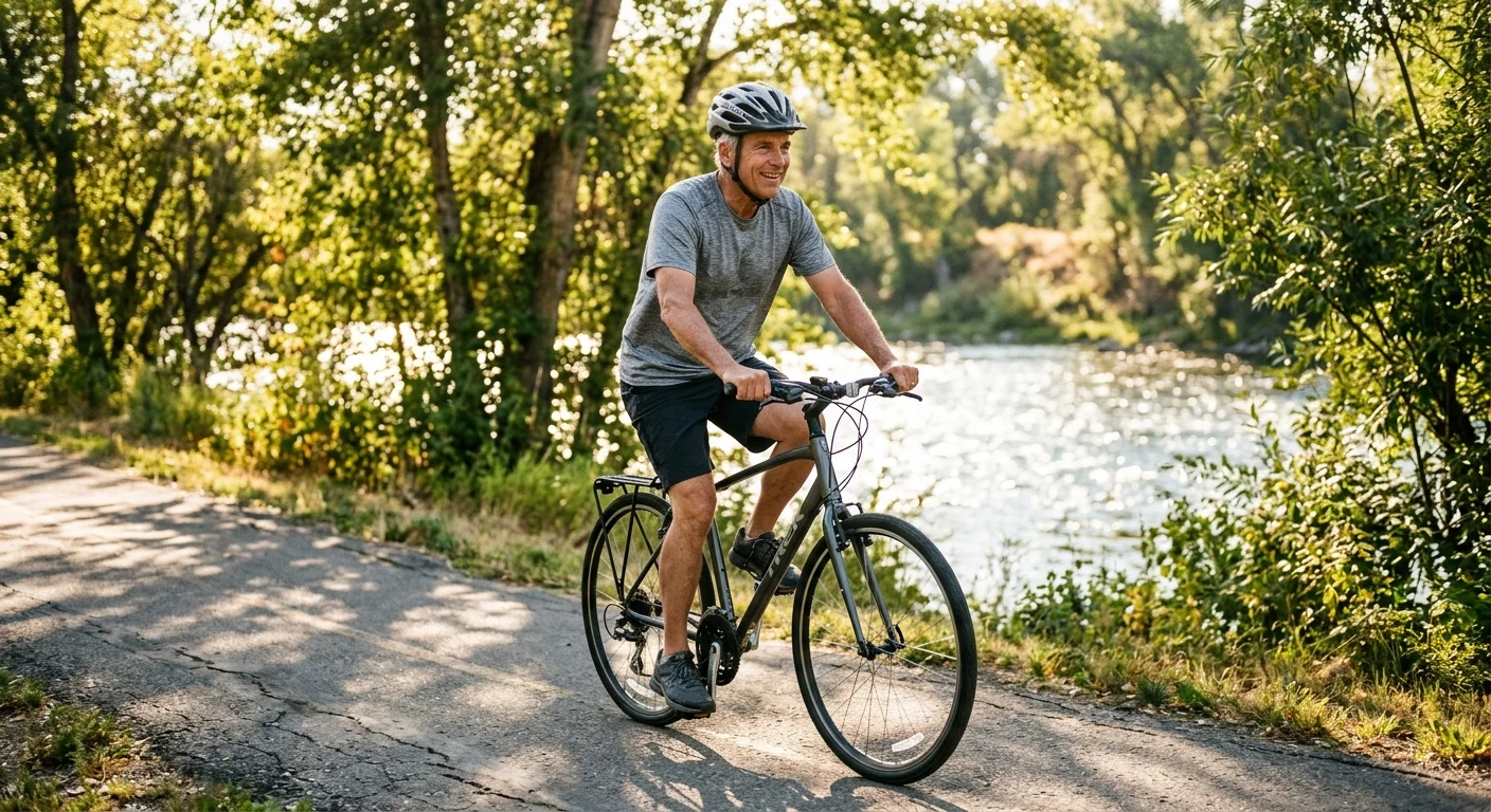 A retired man rides a bicycle along the forested greenbelt path next to the Boise River in Idaho.