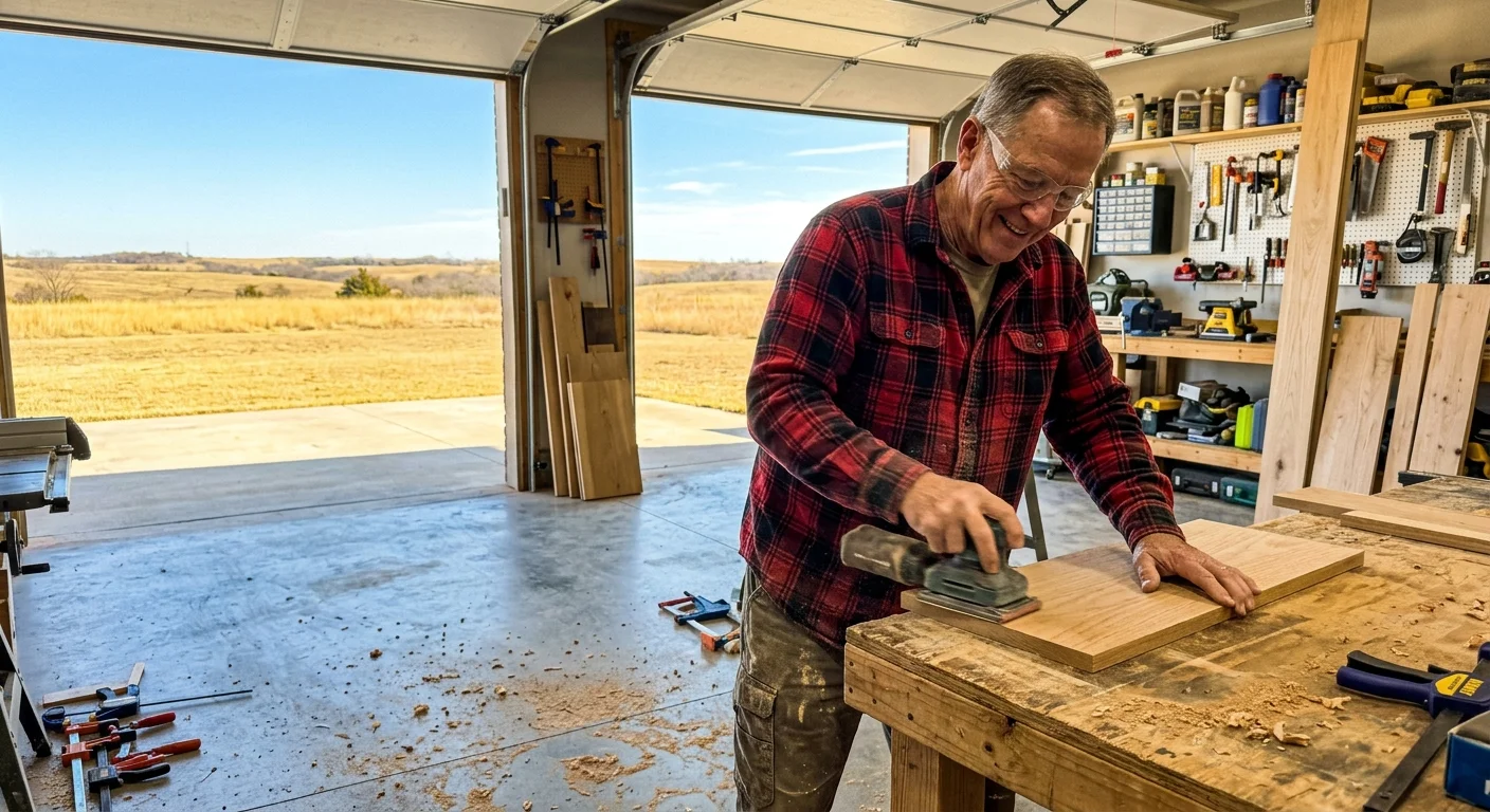 A retired man works on a wooden craft project in his open garage workshop overlooking a wide Oklahoma lawn.