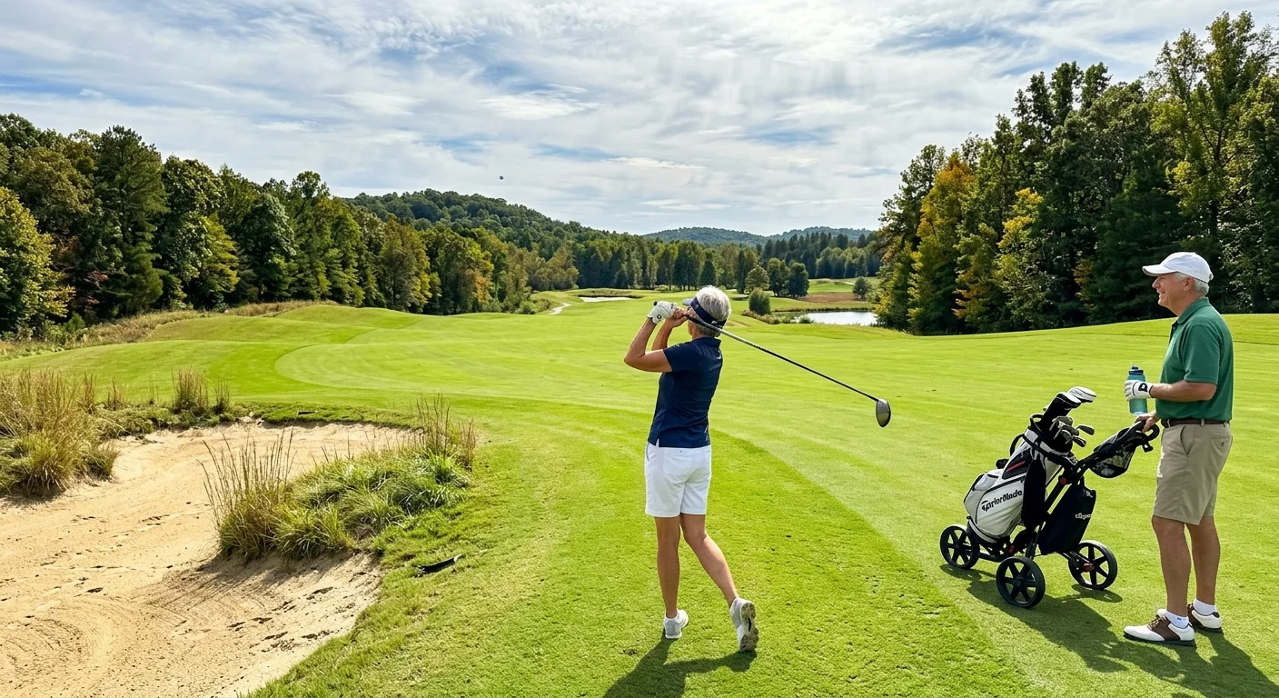 A retired woman completing a golf swing on a lush green fairway in Crossville, Tennessee, under a blue sky.