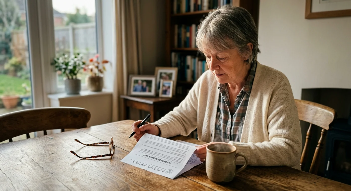 A retired woman in a cozy home setting reviewing her social security statement at a wooden table.