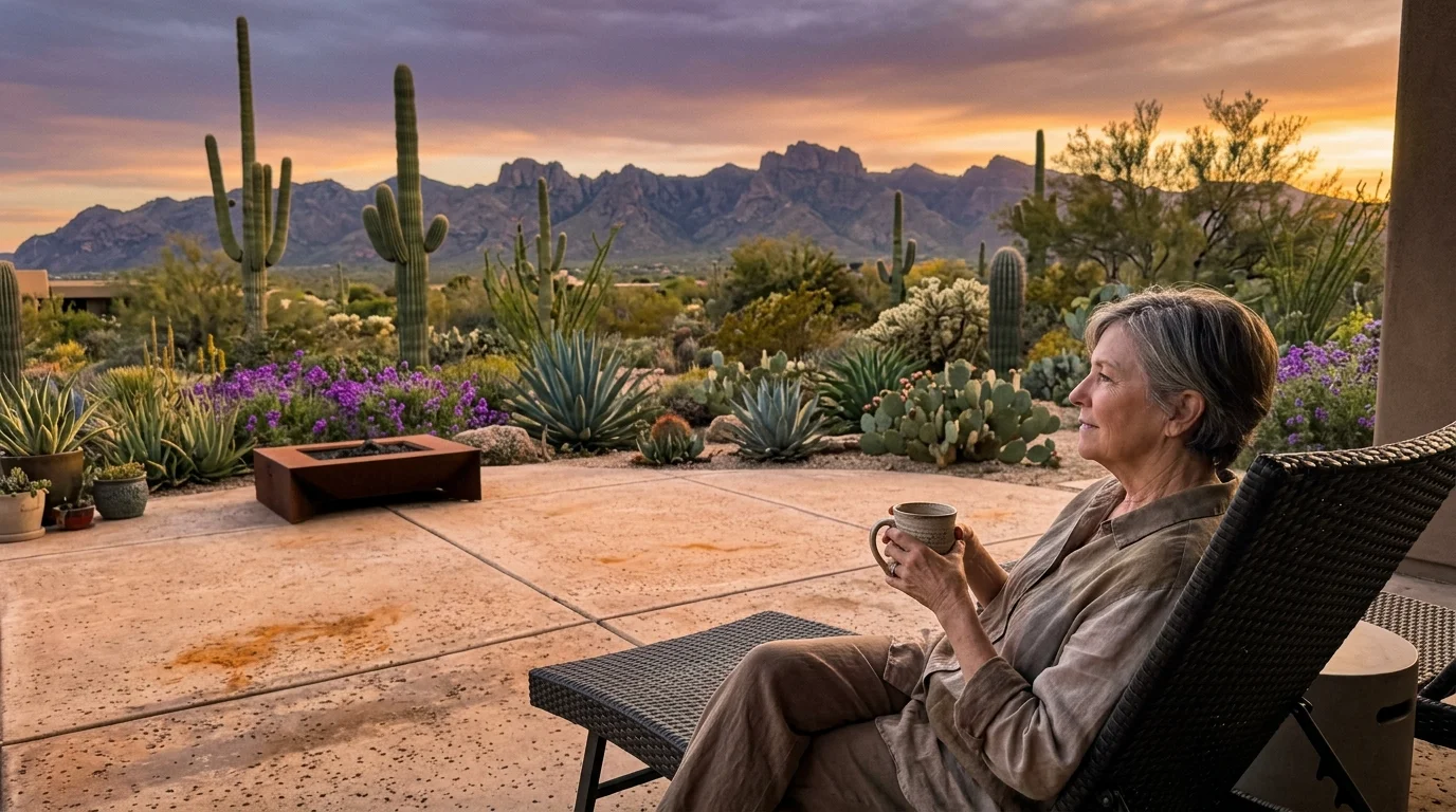 A retired woman relaxes on a modern concrete patio in Scottsdale, Arizona, looking out at saguaro cacti and the McDowell Mountains at sunset