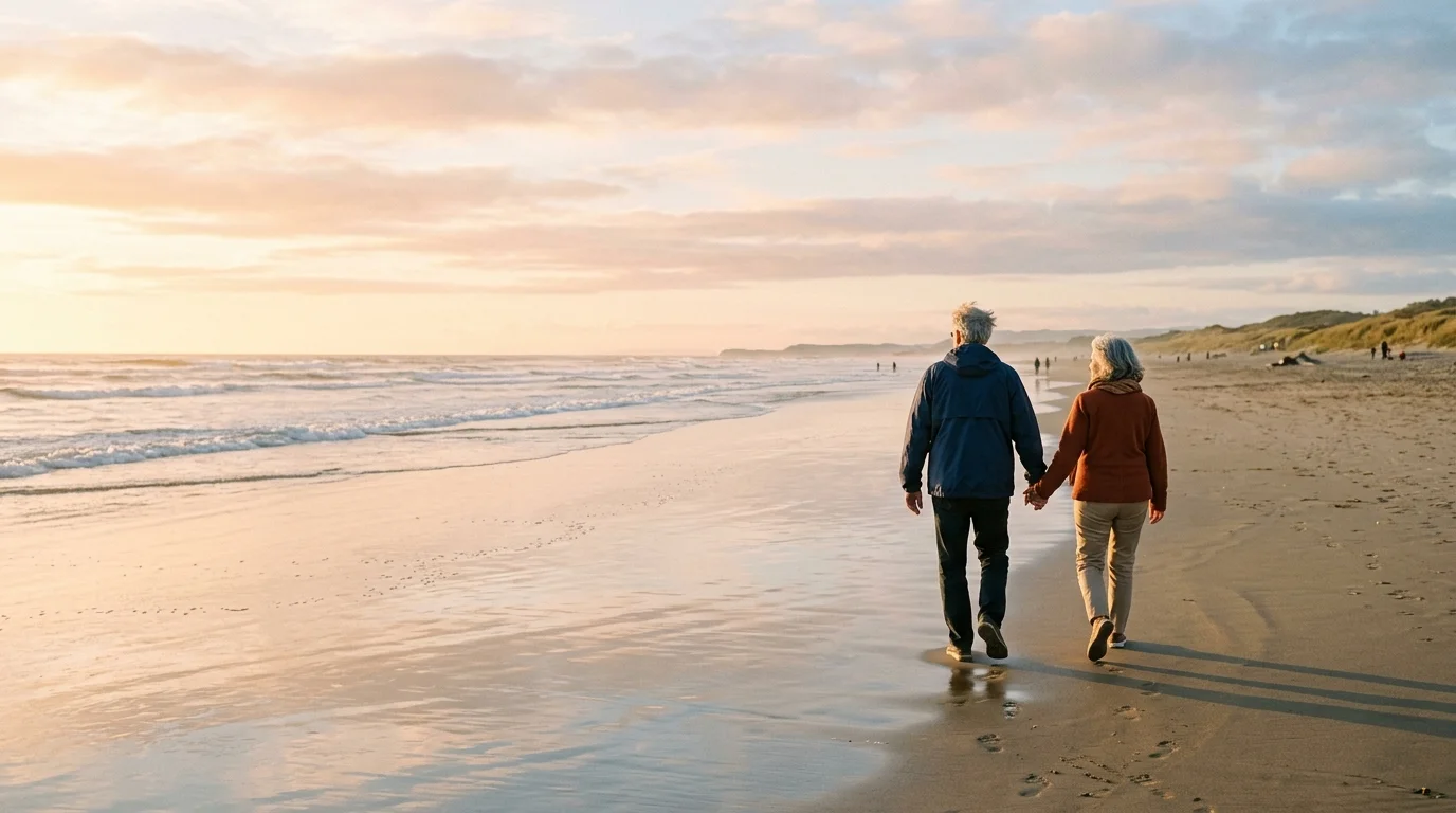 A senior couple walks hand-in-hand along a peaceful beach at sunset, enjoying a secure and blissful retirement.