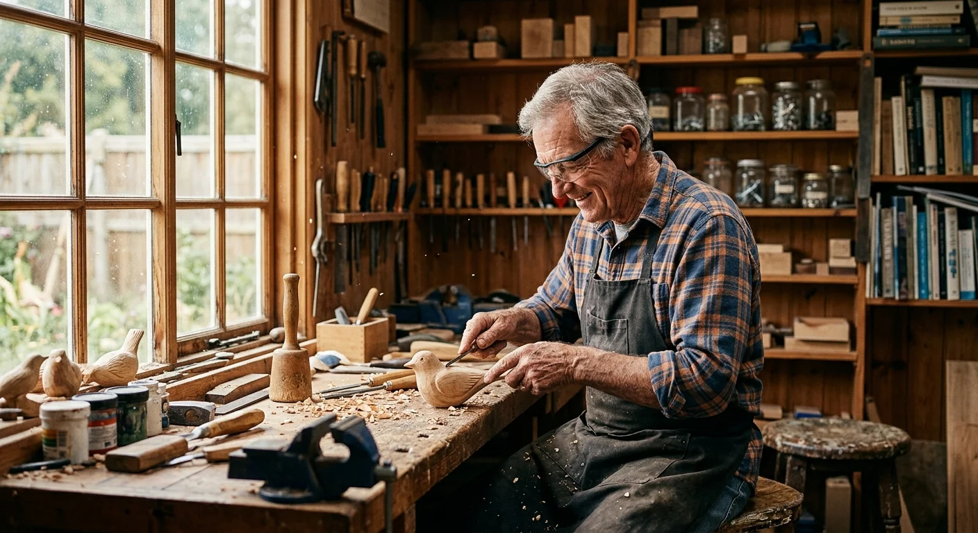 A senior man happily works on a wood-carving project in his sunlit home workshop.