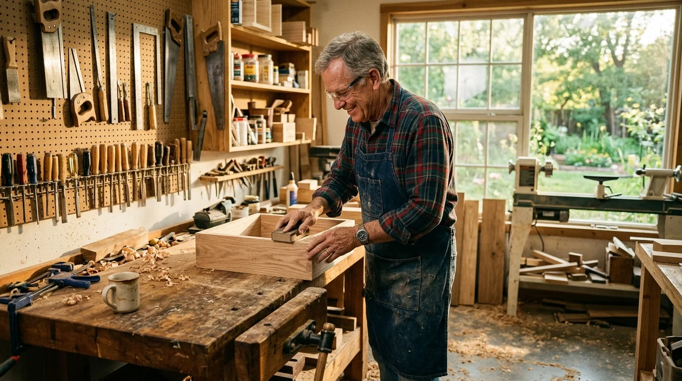 A senior man sanding wood in his spacious backyard workshop, captured in a warm, grainy film style.