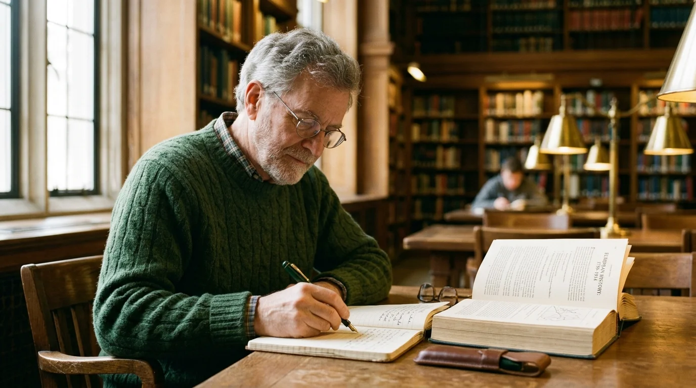 A senior man sitting in a sunlit library, carefully taking notes in a notebook next to an open textbook.