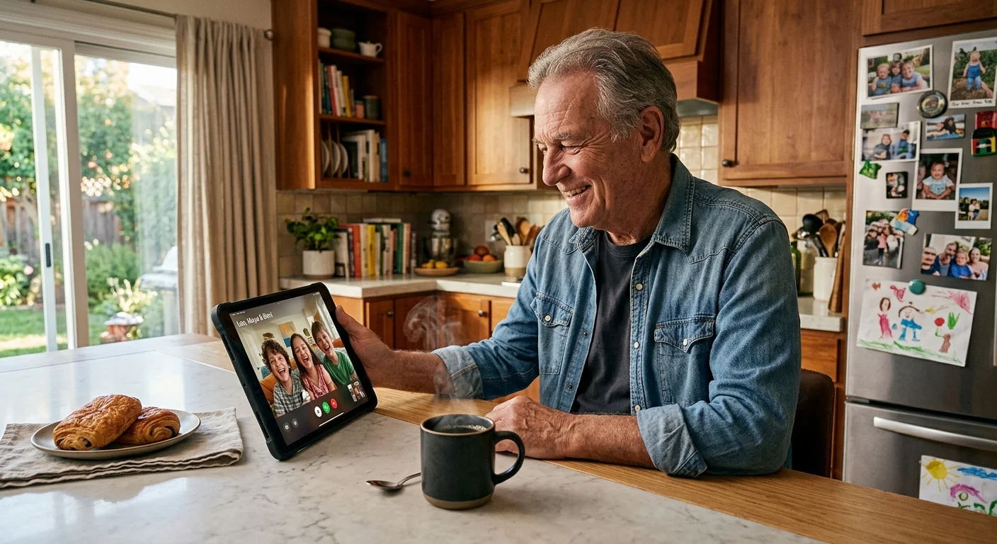 A senior man smiling warmly during a video call with his grandchildren on a tablet at his kitchen island.