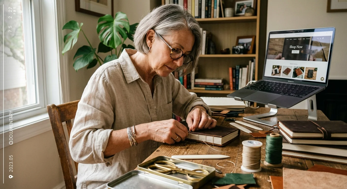A senior woman in her home office meticulously assembling hand-crafted leather journals at her wooden desk.