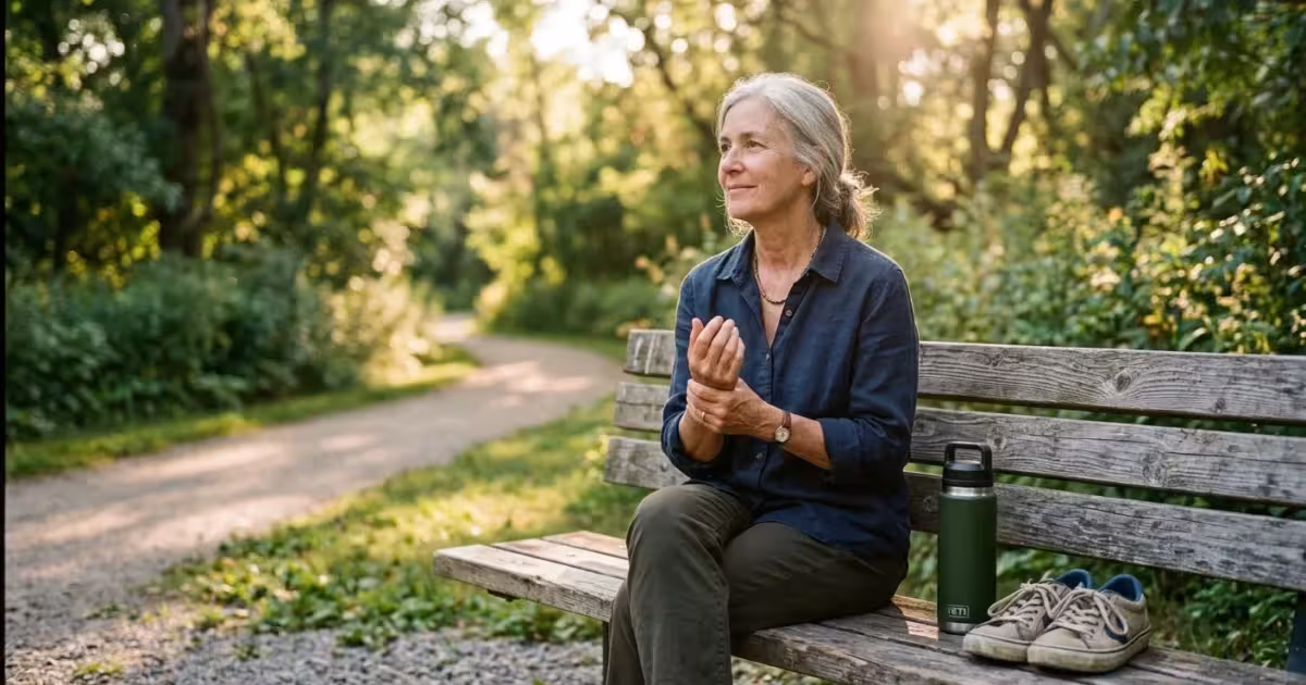 A senior woman sitting on a park bench during a walk, gently massaging her wrist in warm golden-hour light.