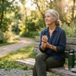 A senior woman sitting on a park bench during a walk, gently massaging her wrist in warm golden-hour light.