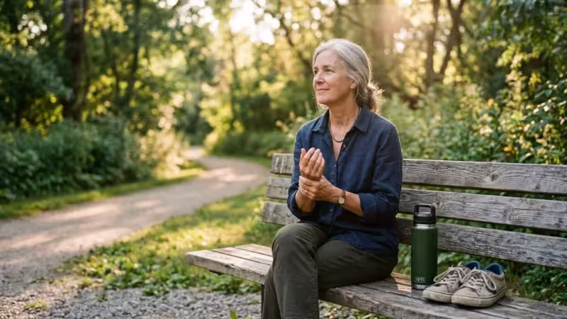 A senior woman sitting on a park bench during a walk, gently massaging her wrist in warm golden-hour light.