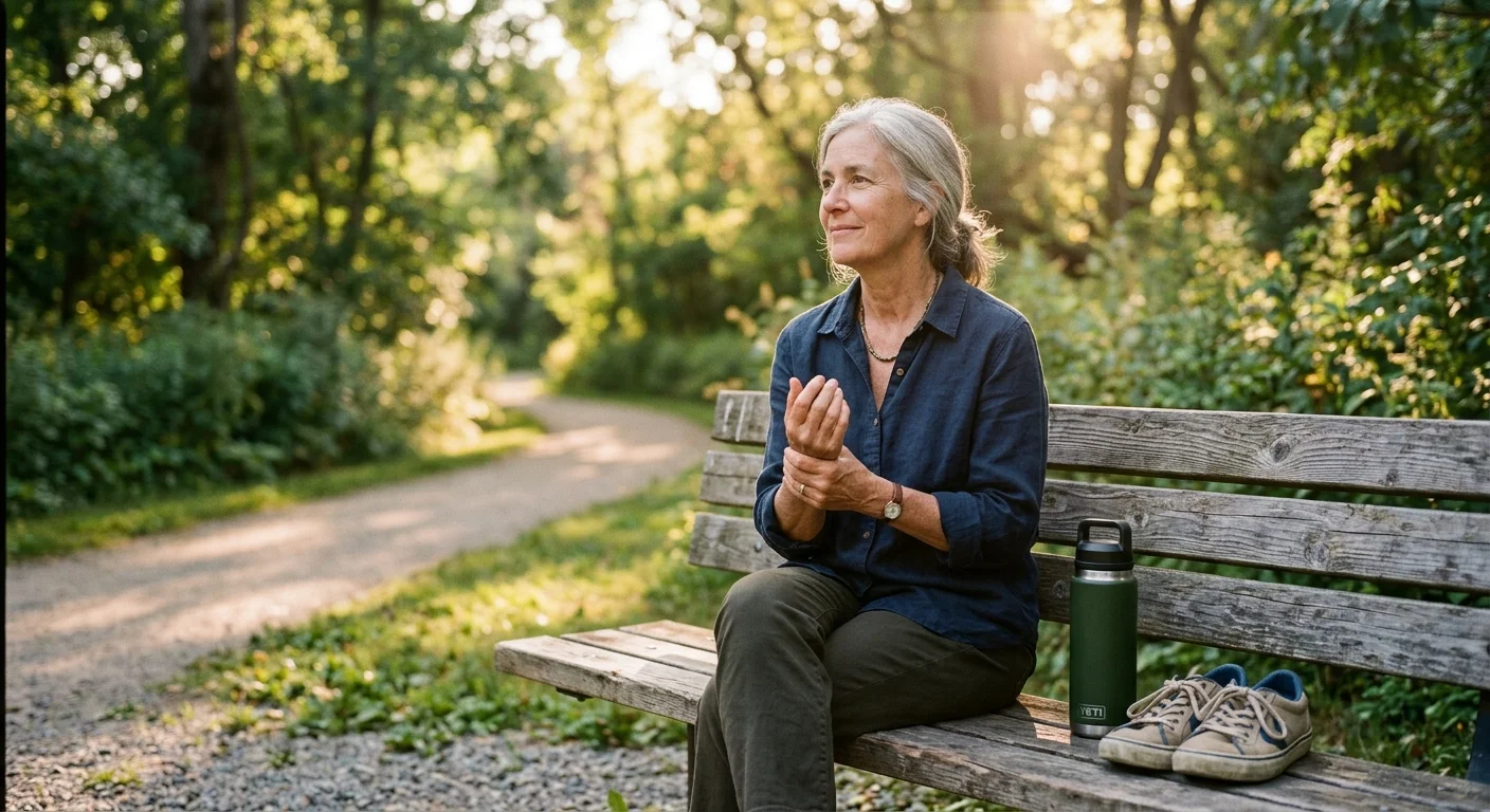 A senior woman sitting on a park bench during a walk, gently massaging her wrist in warm golden-hour light.