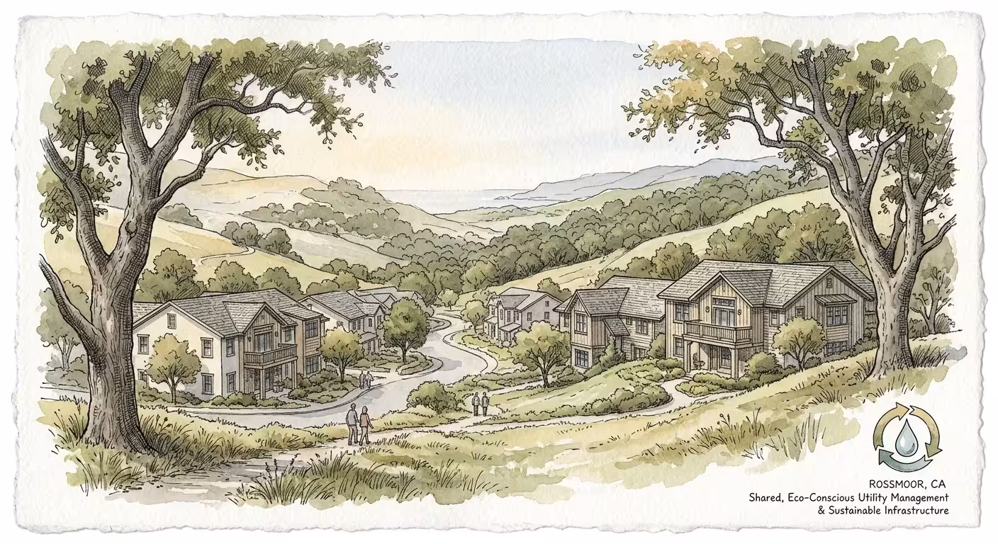 A serene watercolor illustration of a northern California valley with homes nestled among large oak trees.